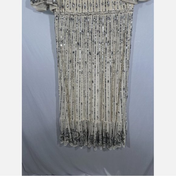 NWT $578 Mac Duggal [ 10 ] Embellished Beaded Flounce Sleeve Midi Dress‎ Cream - Picture 11 of 15